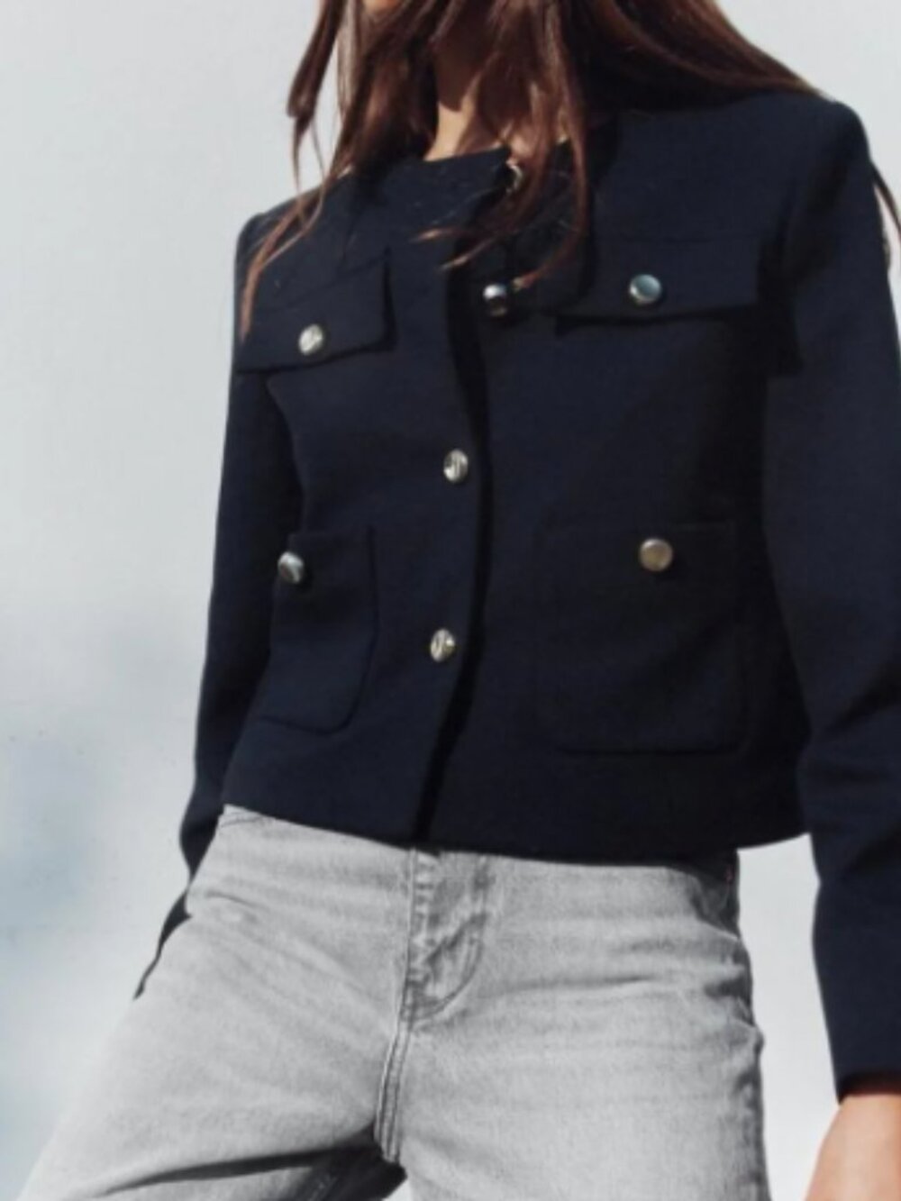 Zara Navy Blue Cropped Blazer with Gold Buttons – Size Medium